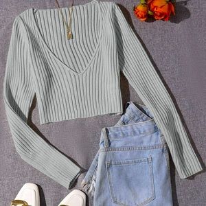 SHEIN Grey Ribbed Knit V-neck Cropped Sweater